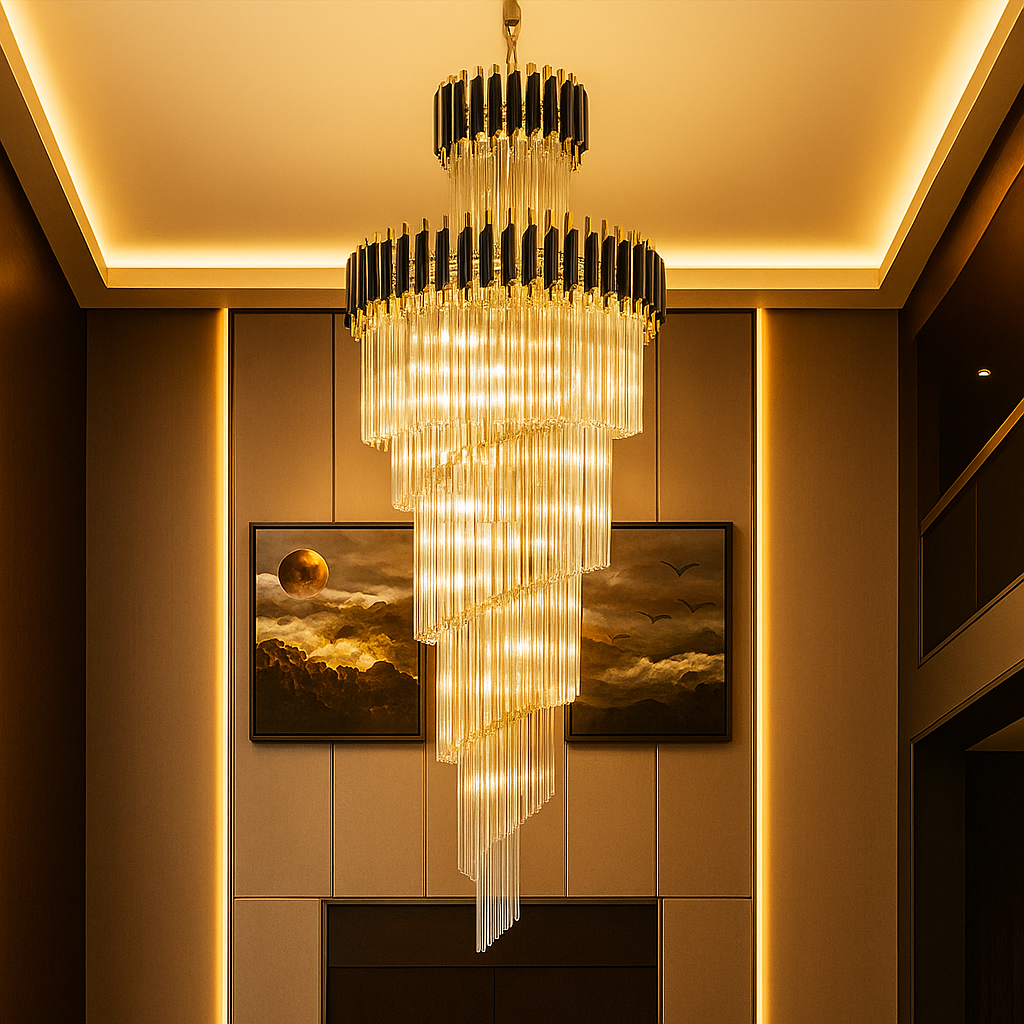 Spiral Double Height Long Crystal Chandeliers